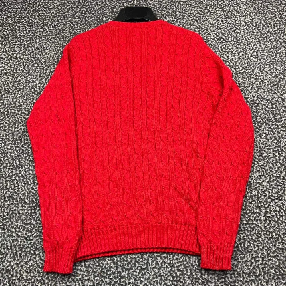 Ralph Lauren Sport Sweater Women XL Red Cable Knit V-Neck Cotton Long Sleeve